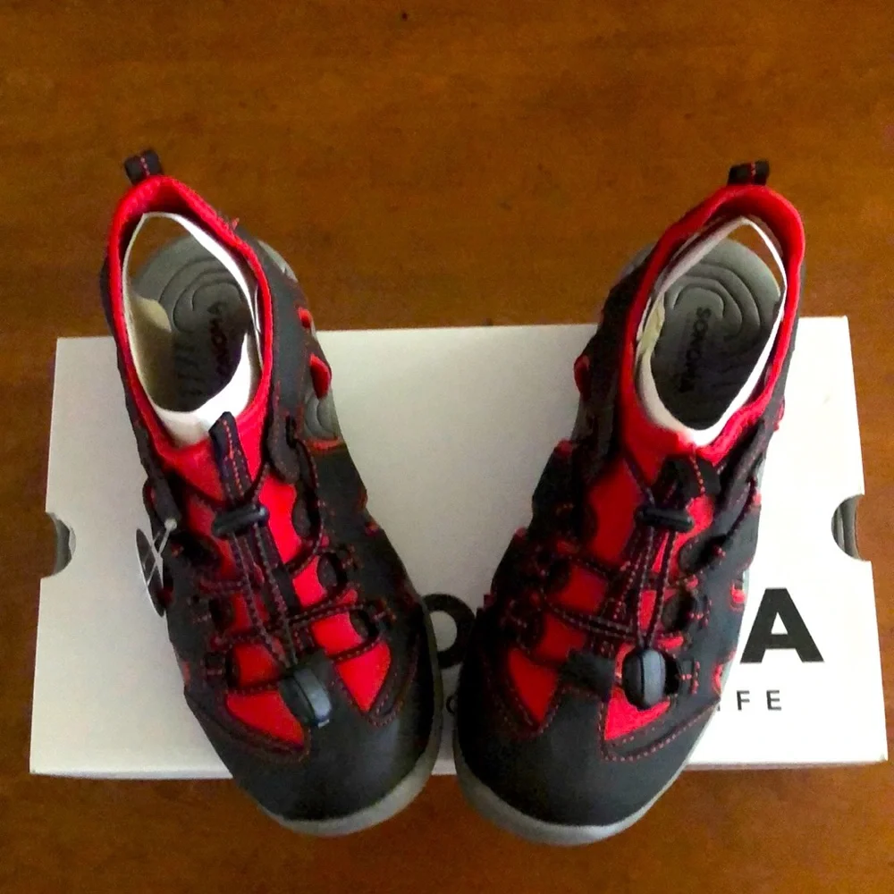 Closed toe red and black water friendly shoes sandals gender neutral